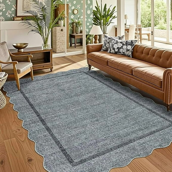 Scalloped Washable Rugs 9x12 Area Rug for Bedroom Modern Rug Non Slip Throw Rugs Large Living Room Rug Low Pile Soft Stain Resistant Carpet for Nursery Dining Room 9'x12' Greyish Gray