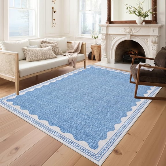 Scalloped Washable Rugs 9x12 Rug for Living Room Non-Slip Solid Blue Modern Minimalism Low-Pile Carpet 8 x 10 Rug for Bedroom Dining Nursery Mat with Rubber Back