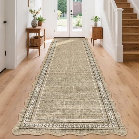 Scalloped Washable Runner 2x8 Rugs for Entryway Non Slip Kitchen Runner Natural Jute Printed Low Pile Hallway Rug Stain Resistant Carpet for Bathroom Laundry Room, Jute