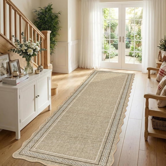 Scalloped Washable Runner Rug 2x6 Hallway Runner Non Slip Kitchen Rugs Soft Non Shedding Low Pile Entryway Rug Stain Resistant Carpet for Bath Laundry Room, Jute