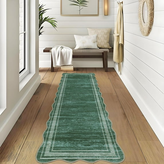 Scalloped Washable Runner Rugs for Hallway 2x6 Kitchen Runner Rug, Non Sip Bathroom Soft Christmas Rug Runner, Low Pile Modern Abstract Scalloped Carpet for Entryway Laundry Room Foyer, Green