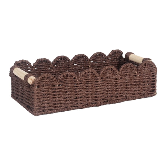 Scalloped Wicker Basket with Built-in Wooden Handles - Hand-Woven Rattan Storage Bin, Back of Toilet Tank Topper, Rectangle Decorative Tray for Shelf & Countertop(Brown)