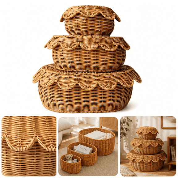 Scalloped Wicker Basket Set with Lid, 3-Piece Handwoven Rattan Decorative Storage for Farmhouse Kitchen, Picnic and Table Styling