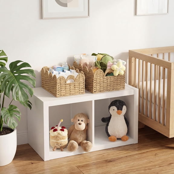 Scalloped Wicker Basket, Woven Baskets for Storage, Large Baskets with Handles, Cute Baby Basket for Nursery, Paper Rope Baskets for Organizing and Decor, 2 Pack