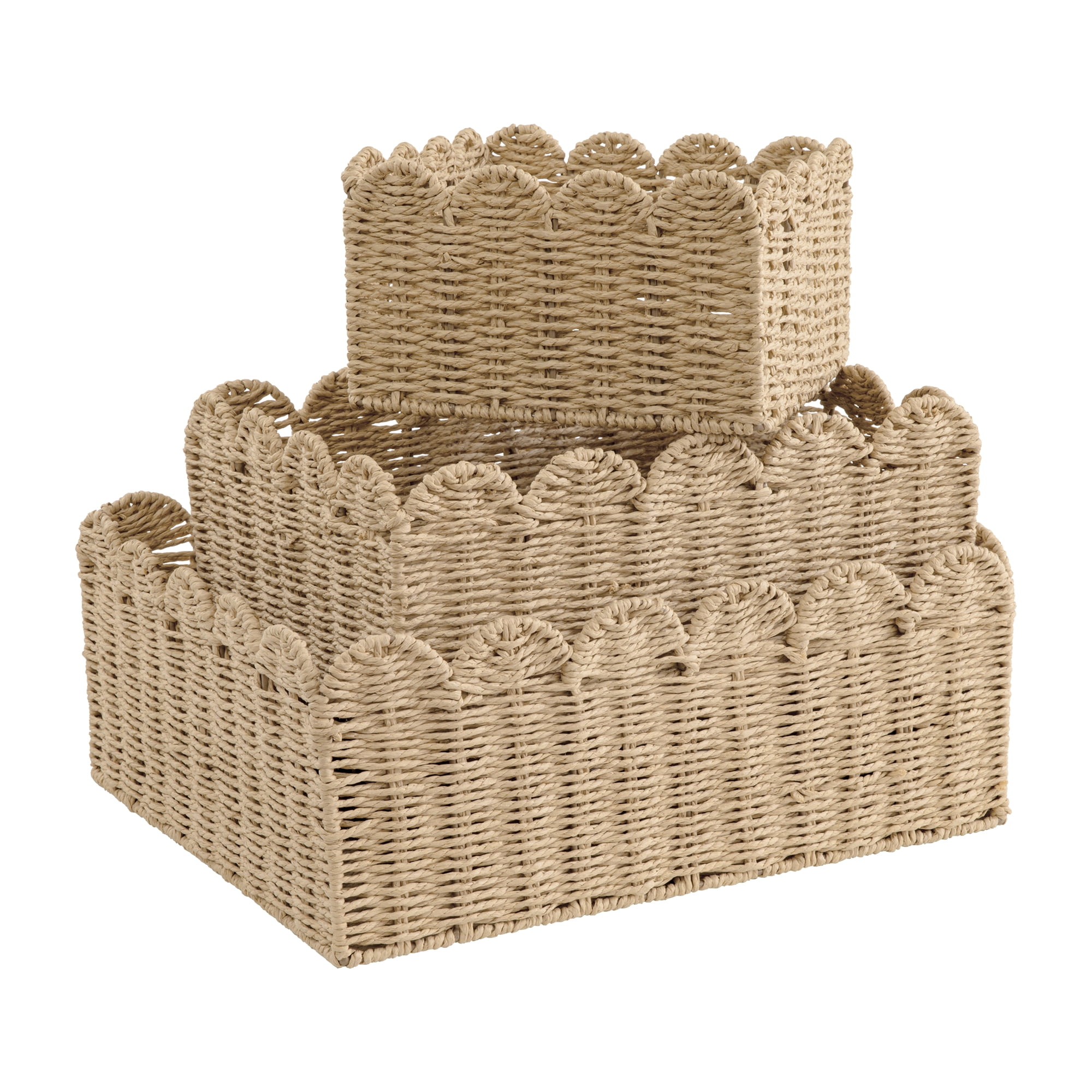 Ileading Scalloped Paper Rope Baskets with Built-in Handles, Beige (3 ...