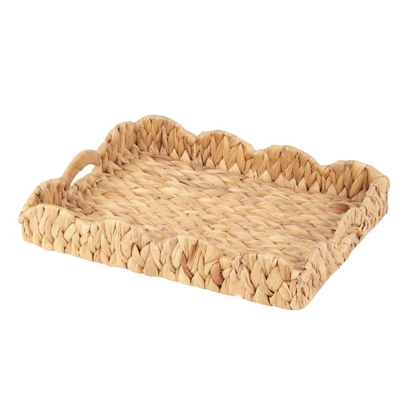 Scalloped Wicker Serving Tray,15x11 Inch Rectangle Water Hyacinth Decorative Basket with Handles for Coffee Table,Ottoman,and Home Decor Organization - 1PC