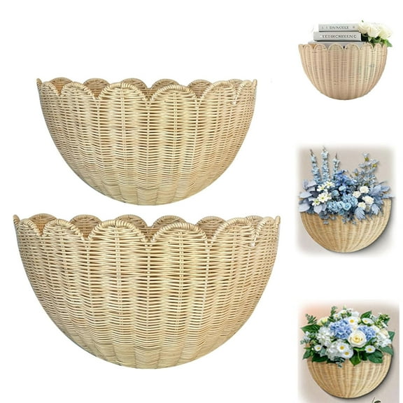 Scalloped Wicker Wall Basket, Hand Woven Hanging Basket, Natural Scalloped Hanging Wall Basket Storage & Home Decor, for Living Room Bathroom Kitchen (14 x 8 x 6+16 x 10 x 7 Inch)
