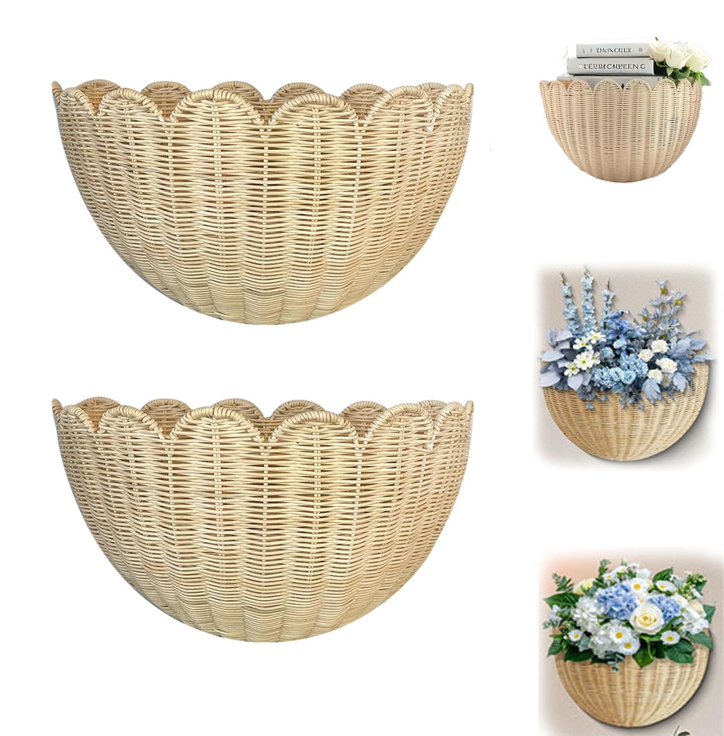 Scalloped Wicker Wall Basket, Hand Woven Hanging Basket, Natural Scalloped Hanging Wall Basket Storage & Home Decor, for Living Room Bathroom Kitchen (2 Pcs,14 x 8 x 6 Inch)