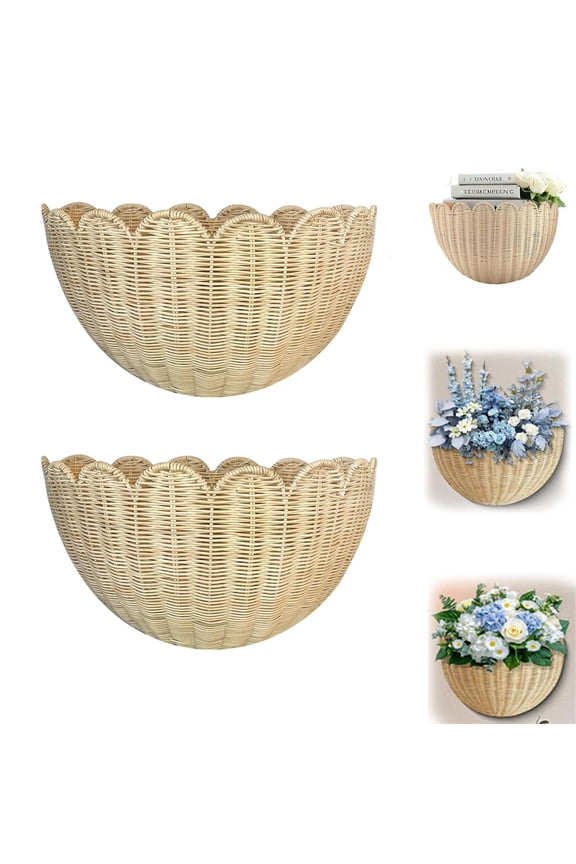 Scalloped Wicker Wall Basket, Hand Woven Hanging Basket, Natural Scalloped Hanging Wall Basket Storage & Home Decor, for Living Room Bathroom Kitchen (2 Pcs,14 x 8 x 6 Inch)