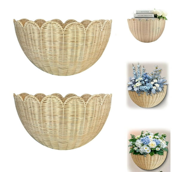 Scalloped Wicker Wall Basket, Hand Woven Hanging Basket, Natural Scalloped Hanging Wall Basket Storage & Home Decor, for Living Room Bathroom Kitchen (2 Pcs,16 x 10 x 7 Inch)