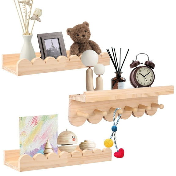 Scalloped Wood Wall Storage Shelf With Hook Strong Load Bearing Wood Floating Wall Shelf for Nursery Living Room Toddler Room