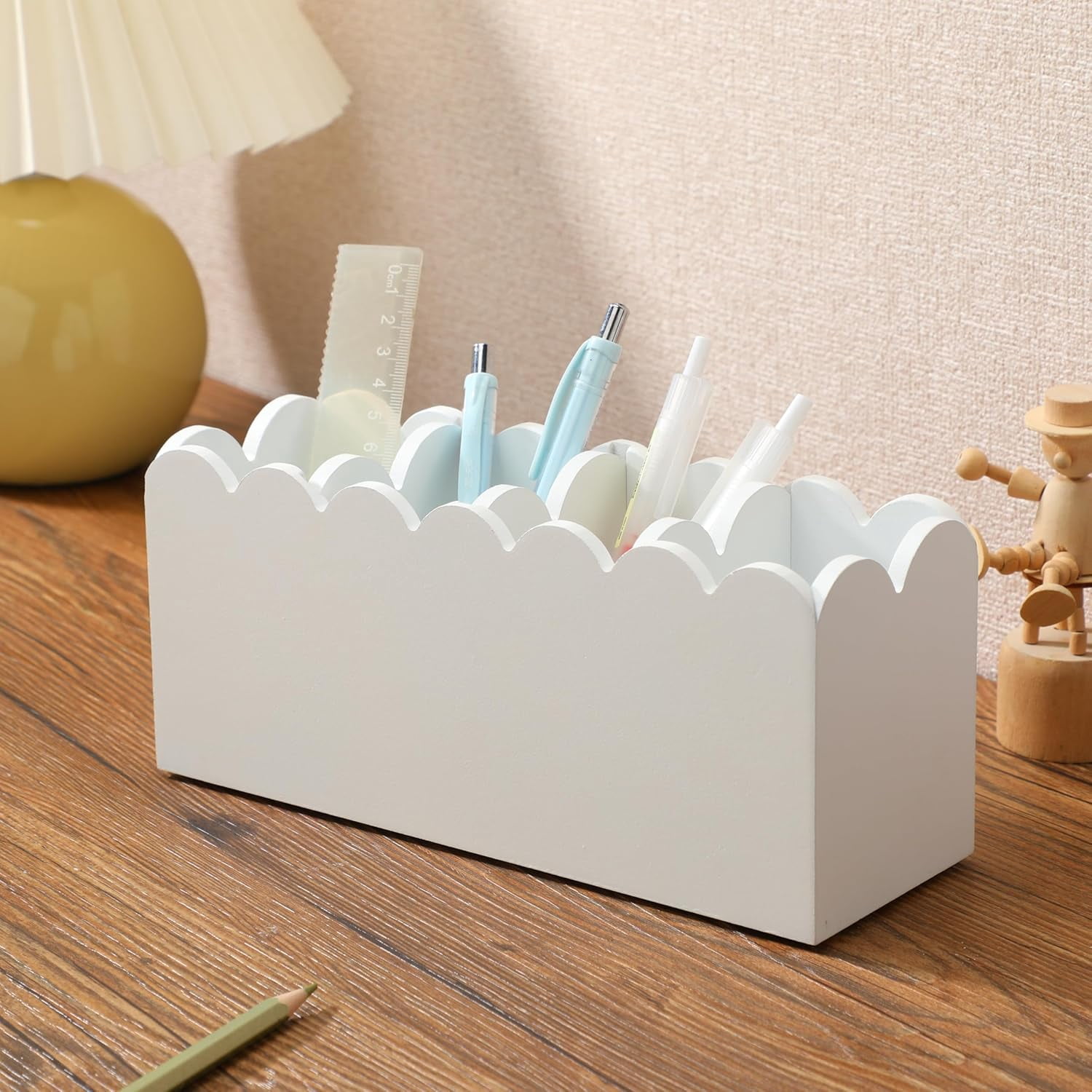 Scalloped Wooden Pencil Holder for Desk Wooden Office Desk Organizers and Accessories with 4 Compartments Cute Makeup Brush Holder Organizer for Bathroom Remote Caddy for Table for Party