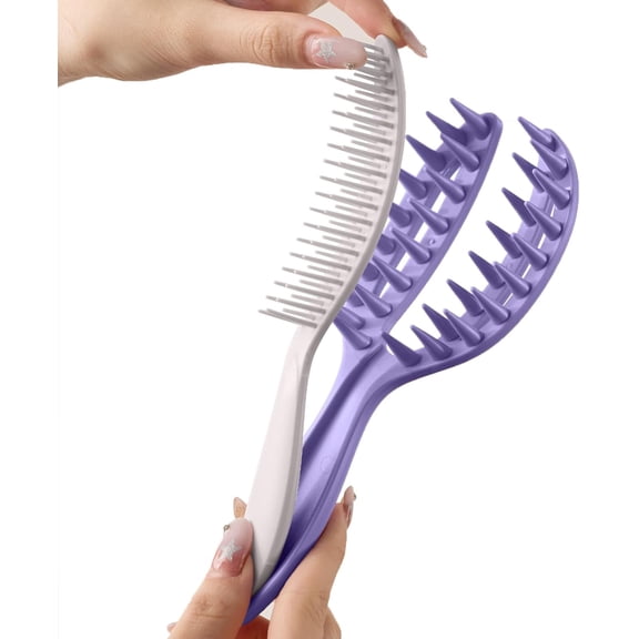 Scalp Massager Shampoo Brush with Handle, Curved Vented Detangling Shower Brush for Wet or Dry Hair, Scalp Scrubber Exfoliator, Purple