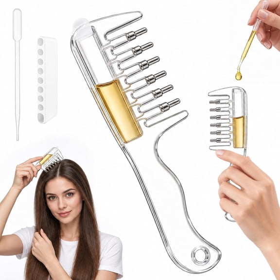 Scalp Oil Applicator Comb with Dropper and Storage Stand, Clear Body and Metal-Tipped Teeth for Hair Care