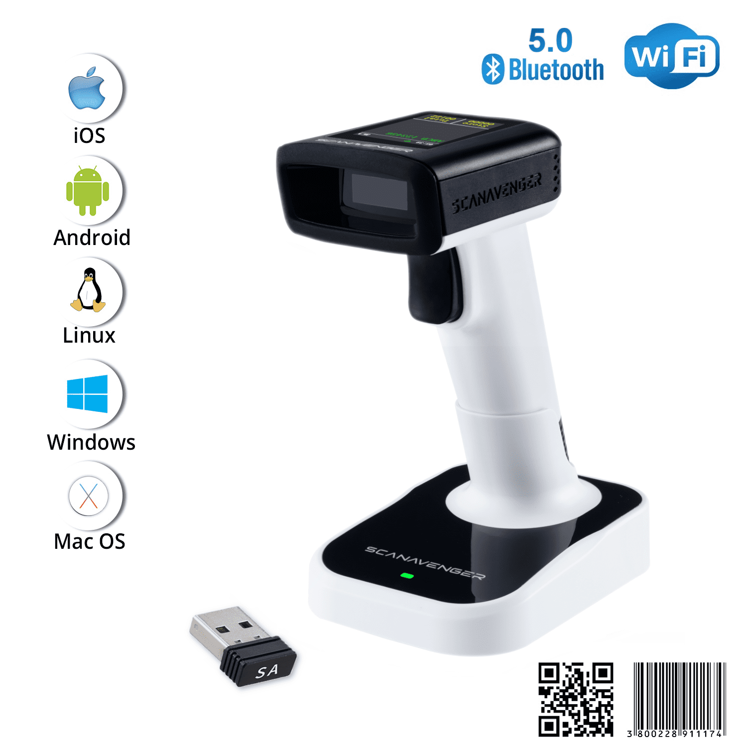 ScanAvenger SA9400 Wireless 1D/2D Barcode Scanner – Bluetooth, Wi-Fi, USB, Handheld/on-Counter with LCD Display