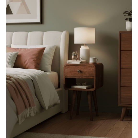 Scandi Curved Corner Slim Nightstand with Lower Open Shelf and Storage Drawer Compartment