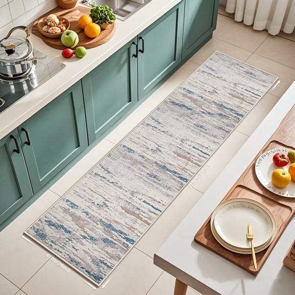Scandi-Industrial Runner Rug | OEKO-TEX Washable & 3D Non-Slip | Slate Blue/Ash Grey Carpet for Kitchen/Living Room/Bedroom l