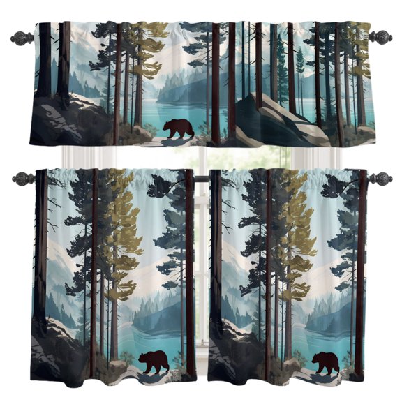 Scandi Mountain Peak Kitchen Curtains and Valances Set, Cottagecore Pine Trees Bear Lake 3 Piece Curtains Valances and Tiers Set Rod Pocket for Kitchen Bathroom Windows 24 Inch