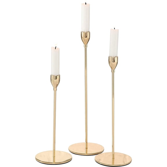 Scandi Tulip Top Candle Holders, Set of 3, Artisan Crafted, Gold Finish, Hand Rubbed Iron, 13, 11, and 9 inches