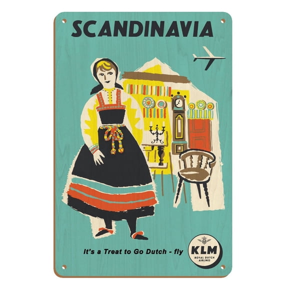 Scandinavia - Norwegian Woman in Bunad Dress - KLM Royal Dutch Airlines - Vintage Airline Travel Poster c.1959 - 8 x 12 inch Vintage Wood Art Sign