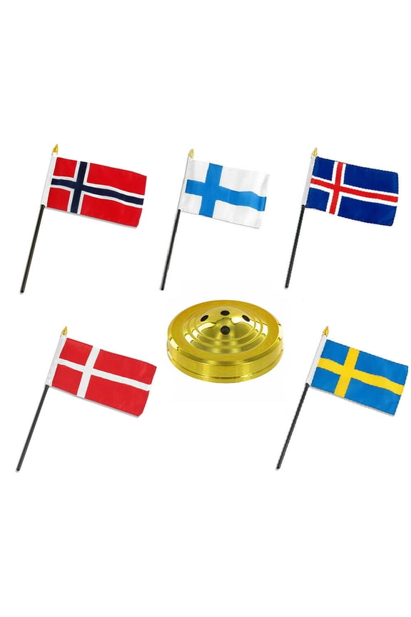 Scandinavia Scandinavian Countries 5 Flag Set 5 Flags 4"x6" Desk Set Gold Base