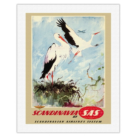 Scandinavia - White Storks - SAS Scandinavian Airlines System - Vintage Airline Travel Poster by Otto Nielsen c.1950s - Fine Art Rolled Canvas Print 20in x 26in