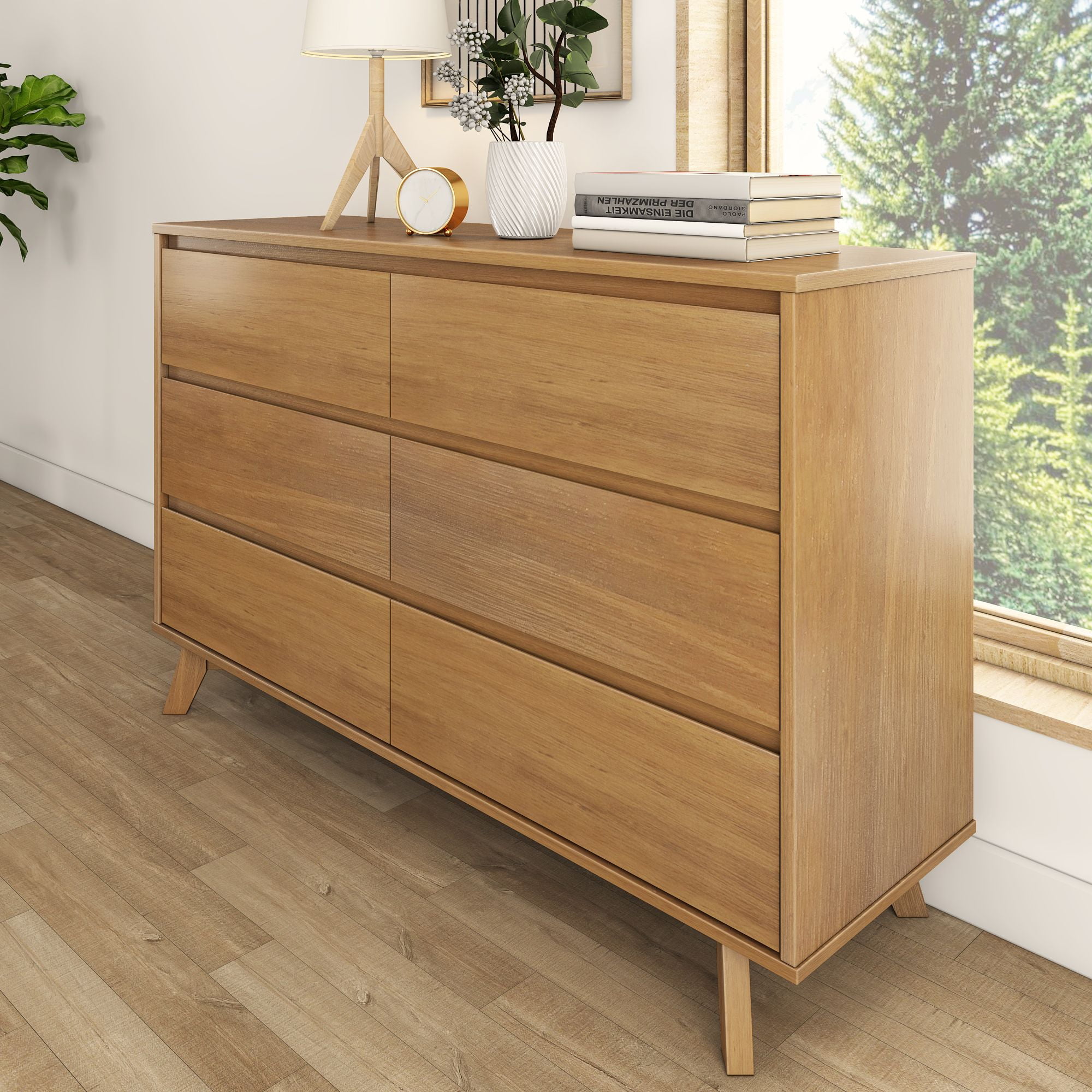 Scandinavian 6 Drawer Dresser, Pecan