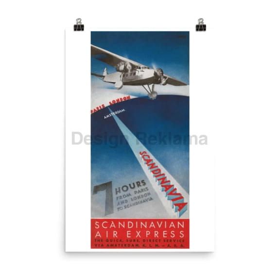 Scandinavian Air Express, 1933. JV by KLM and ABA, Unframed Vintage Travel Poster. Designed by Beckman.