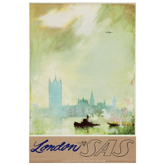 Scandinavian Airlines System - SAS - London - 1950s - Vintage Travel Poster (12x18Inches)