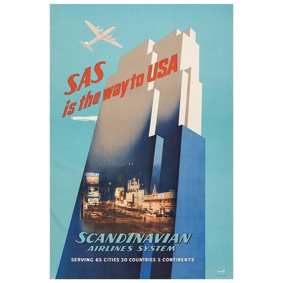 Scandinavian Airlines System - SAS - USA - 1950s - Vintage Travel Poster (8x12Inches-US/CANOnly)
