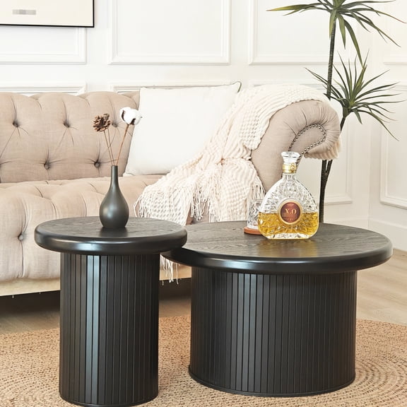 Scandinavian Coffee Table Set | Round Dual Tables with Fluted Legs | MDF Paper Main Material | Functional in Multiple Living Spaces