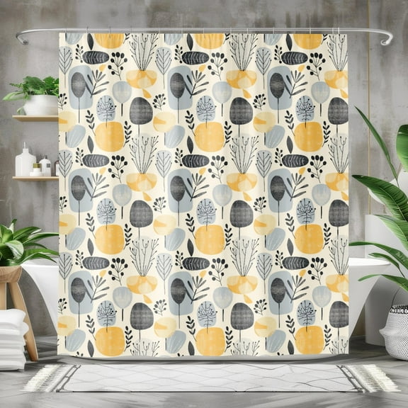 Scandinavian Curtain Modern Shower Curtain, Abstract Botanical Decor, Mustard Yellow Bathroom Decor, Gray & Yellow Home Decor, 60x72in
