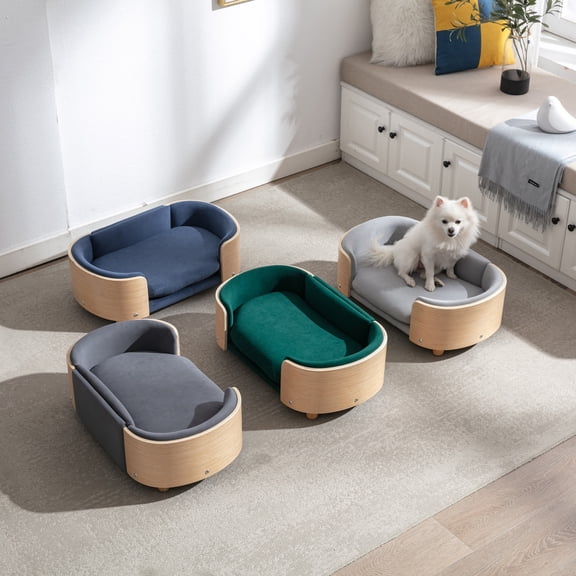 Scandinavian Elevated Dog Bed Pet Sofa with Solid Wood Legs, Velvet Washable Cushion for Small Dogs & Cats