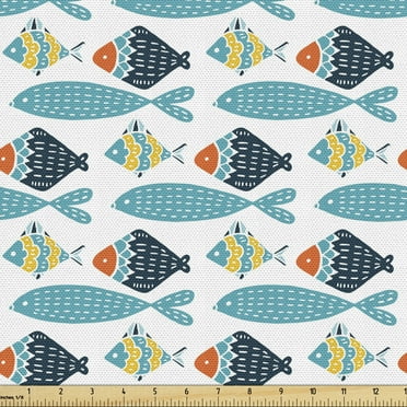 Ambesonne Scandinavian Fabric by the Yard Upholstery, Colorful Fish Pattern, 10 Yards, Multicolor