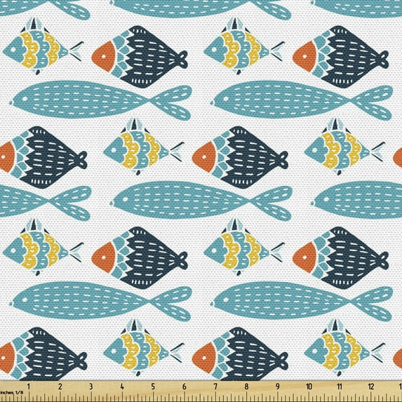 Ambesonne Scandinavian Fabric by the Yard Upholstery, Colorful Fish Pattern, 2 Yards, Multicolor
