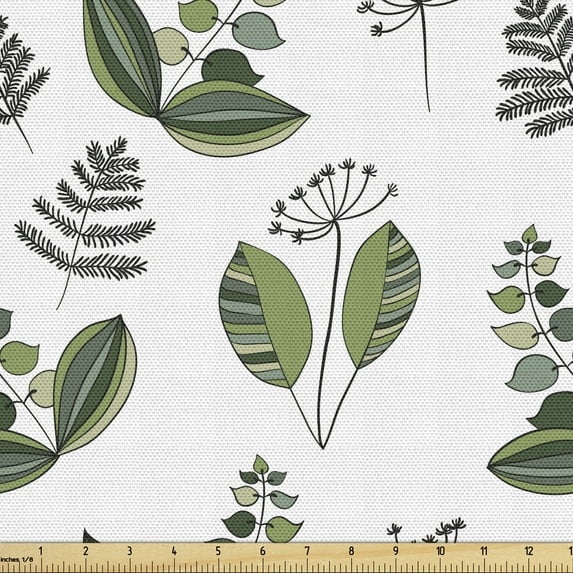 Ambesonne Scandinavian Fabric by the Yard Upholstery, Fresh Blooming Plants, 2 Yards, Olive Green and White