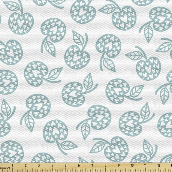Ambesonne Scandinavian Fabric by the Yard Upholstery, Apples Heart Motifs, 1 Yard, Pale Blue and White
