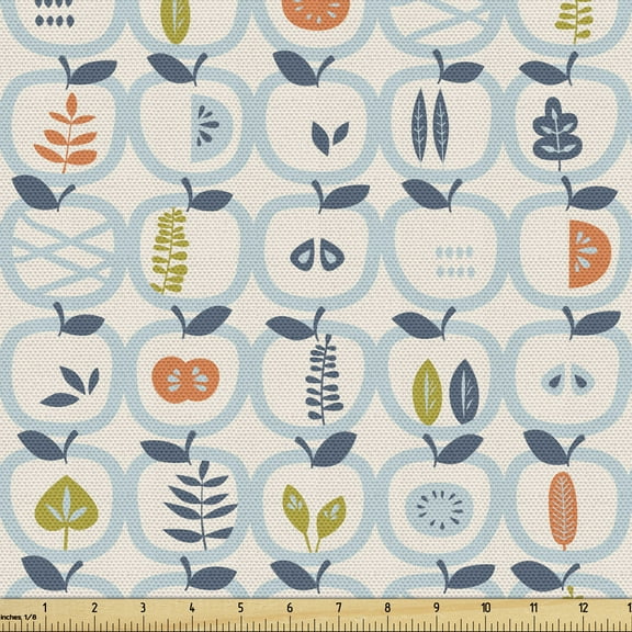 Ambesonne Scandinavian Fabric by the Yard Upholstery, Apples Leaves Pattern, 1 Yard, Pale Blue Orange Green