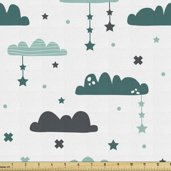 Scandinavian Fabric by the Yard Upholstery, Ornate Sky Stars and Clouds Night Time with Doodle Style, Decorative Fabric for DIY and Home Accents, 10 Yards, Grey Almond Green by Ambesonne
