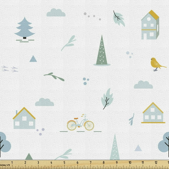 Ambesonne Scandinavian Fabric by the Yard Upholstery, Apartment Bicycle Tree, 3 Yards, Pale Blue Yellow Green