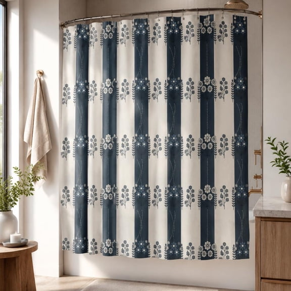 Scandinavian Floral Shower Curtain Nordic Folk Botanical Pattern Blue and White Modern Bathroom Decor