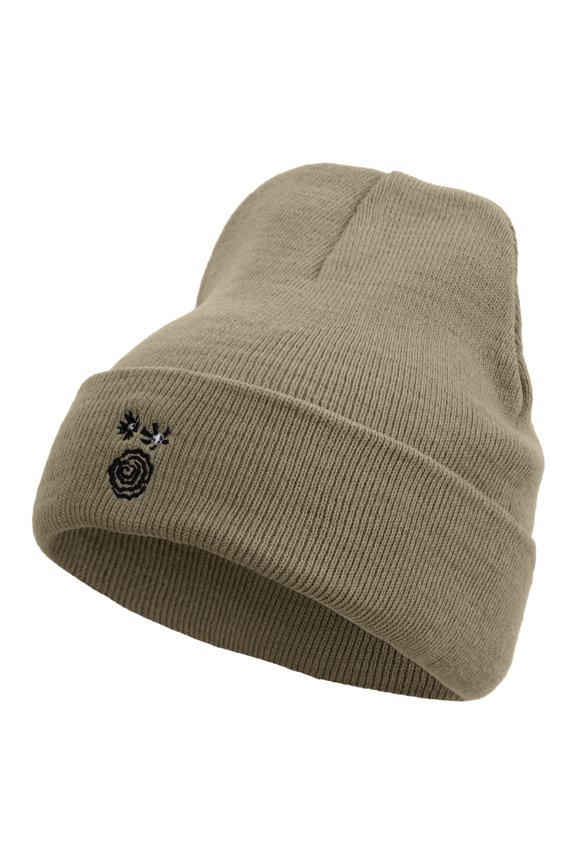 Scandinavian Flower Embroidered 12 inch Acrylic Blank Cuff Long Beanie - Khaki OSFM