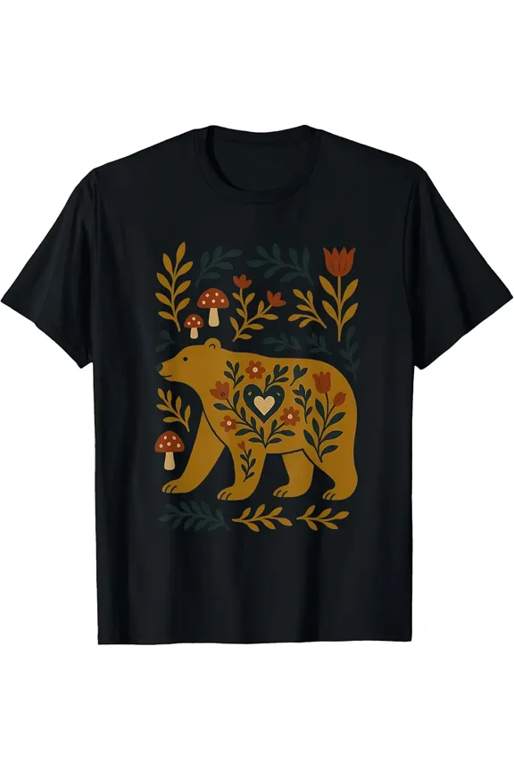 Scandinavian Folk Art Bear Botanical Nordic Winter Design Cozy Unisex T-Shirt, up to size 5XL