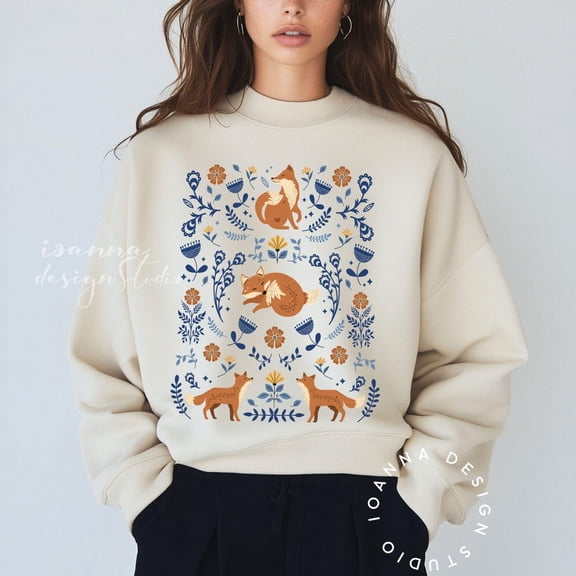 Scandinavian Fox Florals Sweatshirt Botanical Wildlife Nature Lover Cozy Sweater Folk Art Birthday Women Mom Daughter Sweatshirt All Size S-5XL