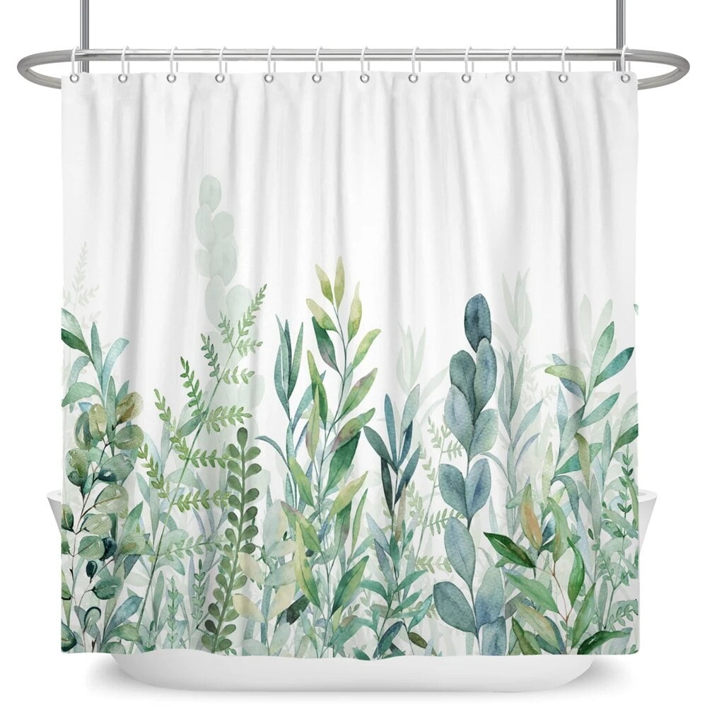 Scandinavian Green Plant Shower Curtain Leaves Vines Flowers Bathtub