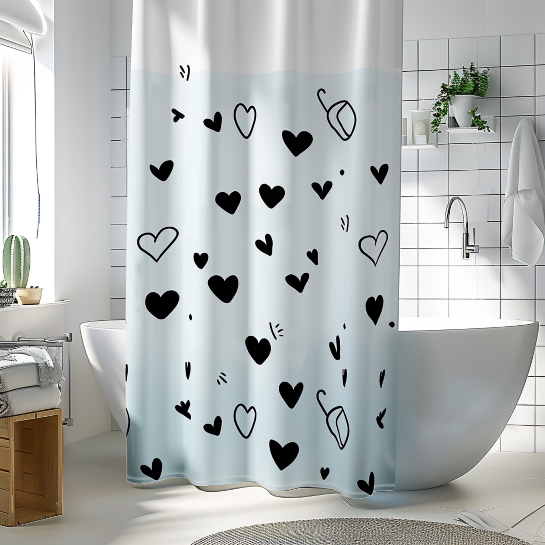 Scandinavian Heart Pattern Shower Curtain Cute White and Blue Design ...