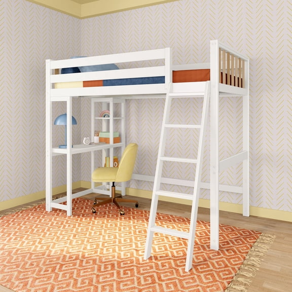 Scandinavian High Loft w/ Side Desk & Shelves, White/Blonde