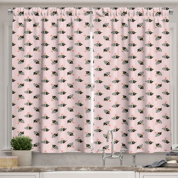 Scandinavian Kitchen Curtains, Cartoon Style Bees Pattern on Pastel Pink Toned Background with Dots, Two Panels Drapes with Rod Pocket Room Decor, 55" X 45", Pale Pink and Black, by Ambesonne