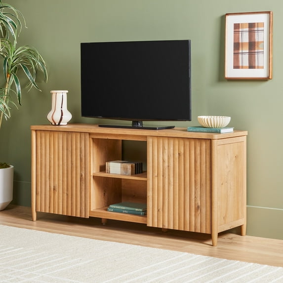 Scandinavian Reeded TV Stand with Storage for up to 70" TVs, English Oak