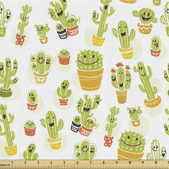 Ambesonne Scandinavian Fabric by the Yard Upholstery, Cactus Characters Pots, 1 Yard, Dark Purple Pale Green